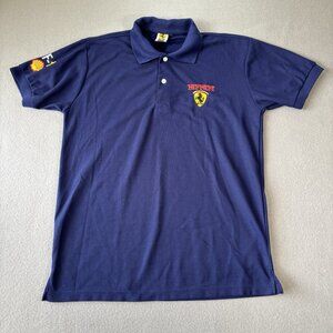 Vintage FERRARI Blue Polo Shirt Mens L Prancing Horse patches F-1 Chevron Shell
